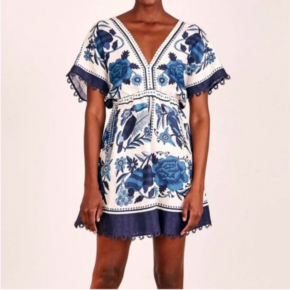 FARM Rio Tropical Tiles Blue and White V-Neck Dress